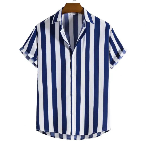 Męska koszula z krótkim rękawem zapinana na guziki, w pionowe paski, z kołnierzykiem typu spread