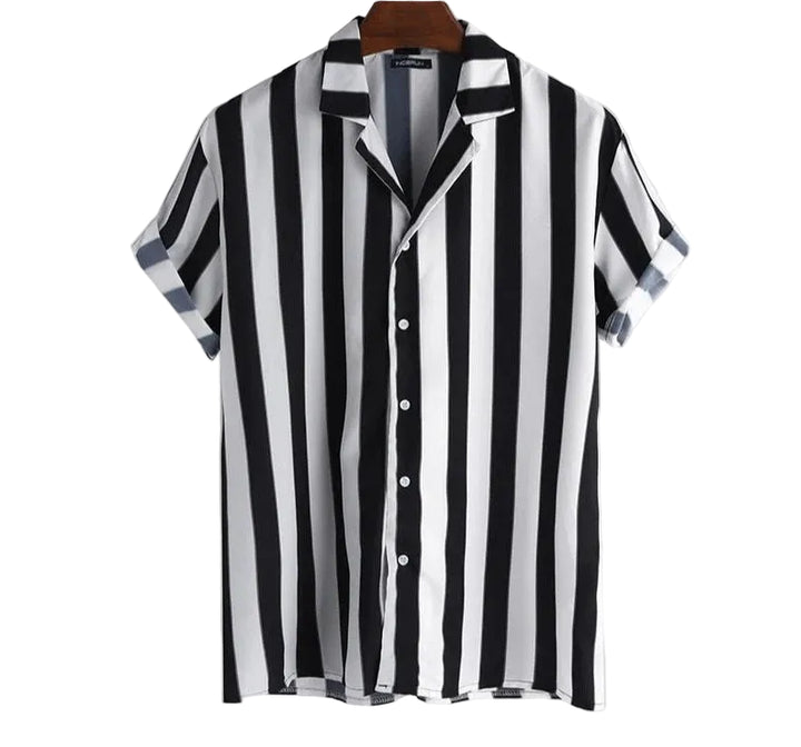 Męska koszula z krótkim rękawem zapinana na guziki, w pionowe paski, z kołnierzykiem typu spread