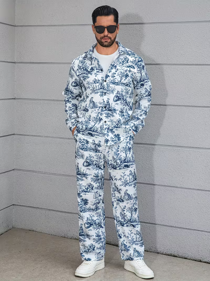 Męski Komplet Koszula i Spodnie z Nadrukiem